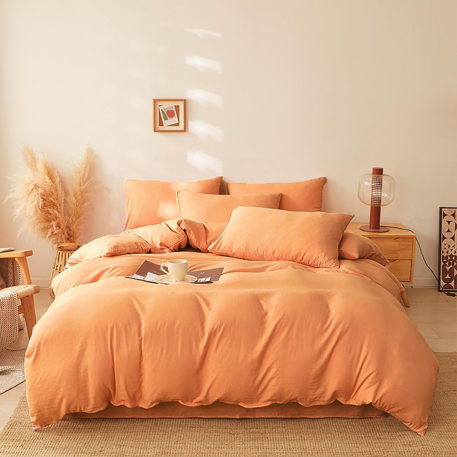 Luxlovery Peach Comforter Set California King Light Orange Bedding Comforter Set Modern Solid Plain Color Soft Breathable Blanke